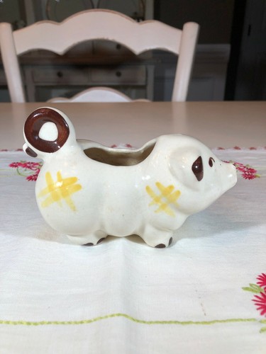 Vintage Pig Creamer, American Pottery White with Brown and Yellow Accents - Picture 5 of 8