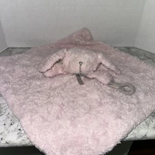 Blankets & Beyond Pink Bunny Rabbit Plush Swirl Rosettes Lovey w/Pacifier Holder