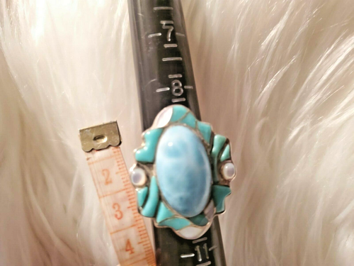 Ed Lohman Designer Sterling Silver Larimar Mother of Pearl Ring Size 9.5 - Picture 9 of 9