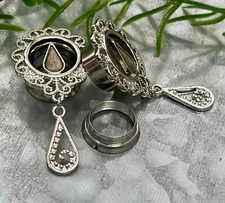 PAIR Mother of Pearl Centered Filigree Dangle Internally Threaded Tunnels Plugs