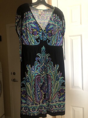 Emma&Michele Dress 14 Purple, Turquoise, White, Green Paisley Against Black Wn1x