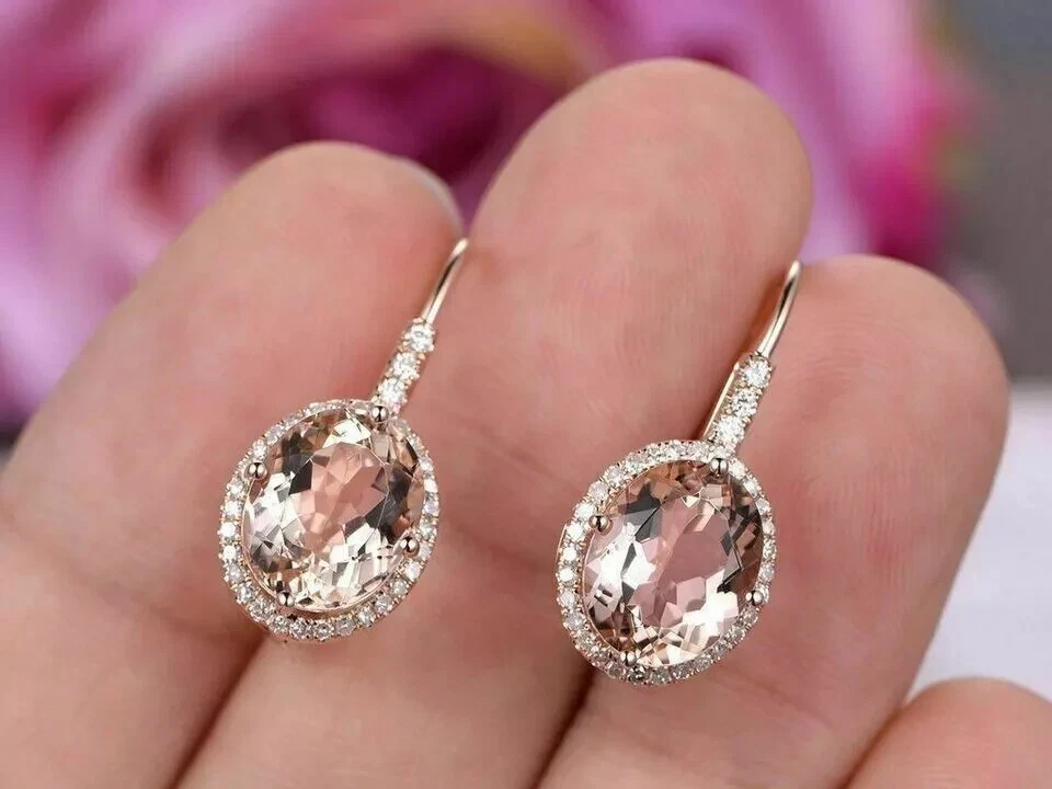 4.00 Ct Oval Cut Morganite Lab-Created Dangle-Drop Earrings 14K Rose Gold Plated - Image 4 of 4