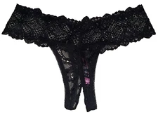 NWOT Seven 'til Midnight BLACK Crotchless Thong Panty Lacy Size "One Size"