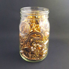 Mixed Gold Tone Theme Costume Fashion Jewelry Jar Lot 50+ Pieces