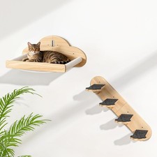 Wall Mounted Cat Hammock w/ 4 Climbing Steps, Pine Wood Cat Shelves