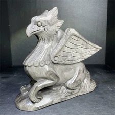 3.3LB 6.4" Natural Silver Obsidian Griffin Carving Quartz Crystal Sculpture