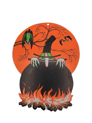 Vintage Beistle Co. Halloween Die Cut Full Moon Witch Bats Cauldron Wall Diecut