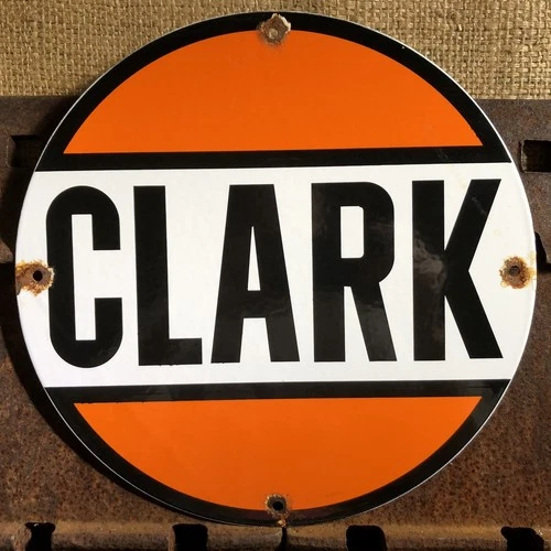 VINTAGE CLARK PORCELAIN GAS STATION GASOLINE OIL PUMP PLATE SIGN 11.75”