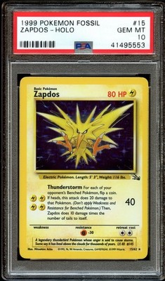 PSA 10 GEM MINT Zapdos 15/62 CORRECTED HOLO RARE Fossil Pokemon