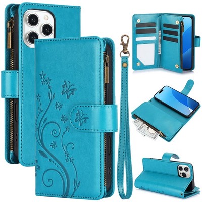 For iPhone 17 Pro Max Air 17e 16 15 14 13 12 11 Butterfly Emboss FlipWallet Case