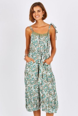 Boom Shankar Guru Green Floral Cropped Jumpsuit Size 14 Belted Harem Boho Hippy