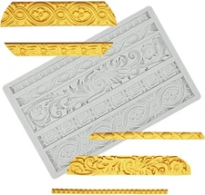 Palksky DIY Baroque Scroll Relief Cake Border Silicone Mold/Vintage Off-White 