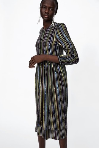 🌈 ZARA Sheer Rainbow Striped Sequin Midi Dress - Size M - Picture 8 of 15