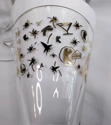 set of 4 Kahlua Cocktail Glasses Gold Atomic Stars MCM Bar 8ozs Pilsner vintage