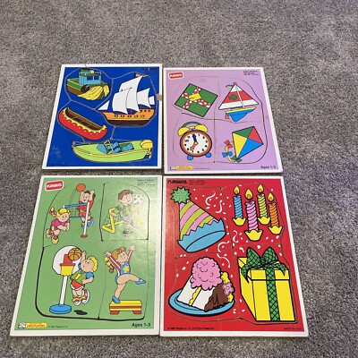 Playskool Wood 4 Puzzles 80 s 90 s Boats Fun Shapes Super Sports Happy Birthday