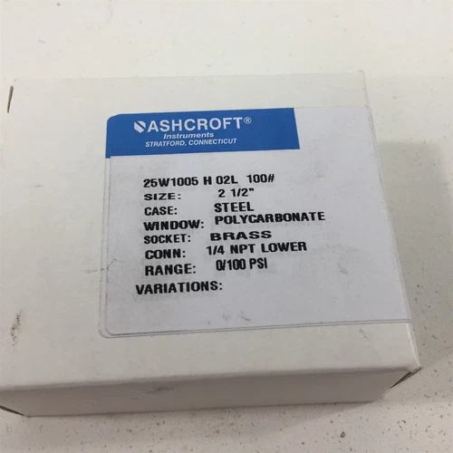 Ashcroft 25W1005 H 02L Pressure Gauge 2-1/2" 0-100PSI 1/4" NPT