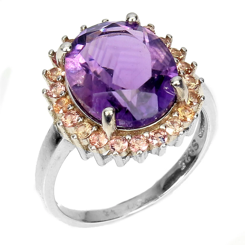 925纯银戒指椭圆形紫水晶12x10毫米蓝宝石钻石切割宝石 — 第 2/4 张图片