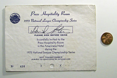 NY Mets Shea Stadium Media Press Hospitality Pass 1973 NLCS Playoffs vs Reds