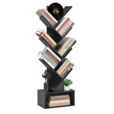 6 Tier Tree Bookshelf, Tall Narrow Wooden Bookcase with Drawer and Storage Ca...