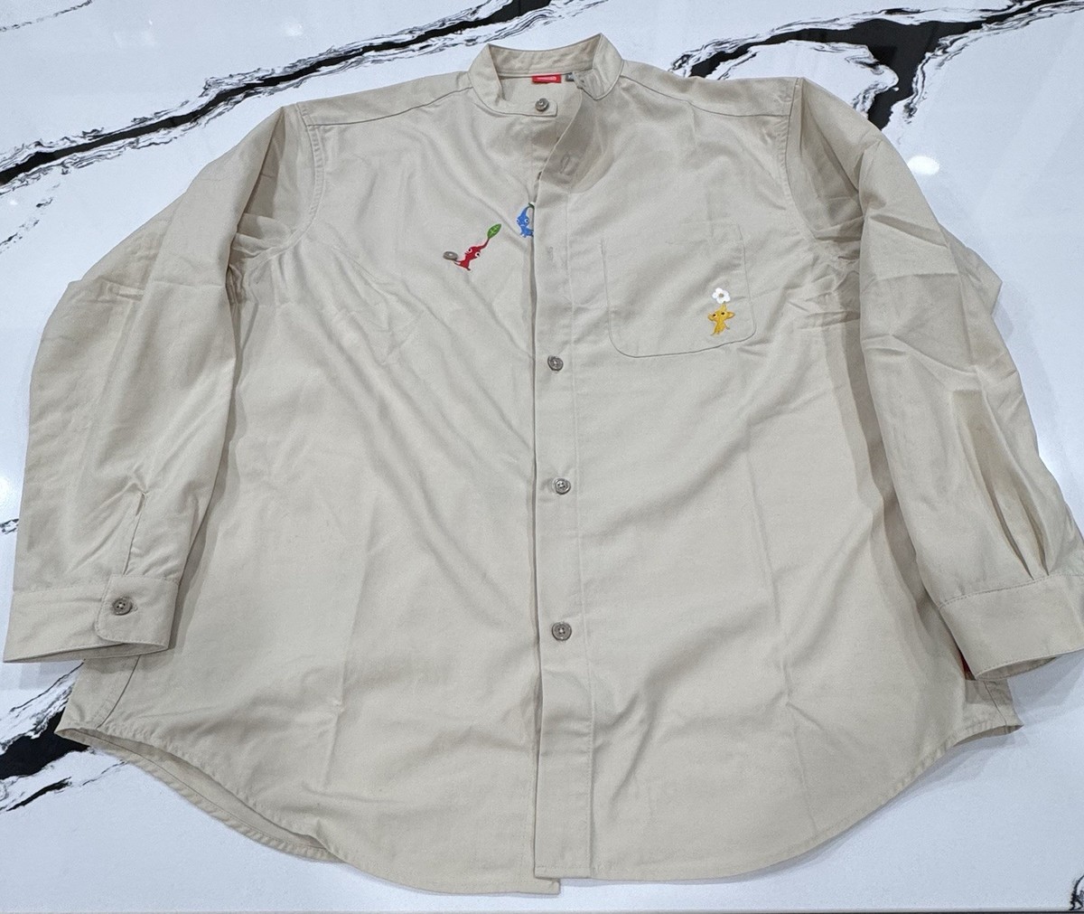 Nintendo Pikmin Button Down Shirt Beige Embroidered Characters XL