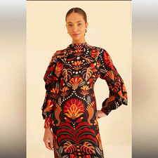 FARM Rio Nature Beauty Long Sleeve Open Back Midi Dress Satin - Size XS