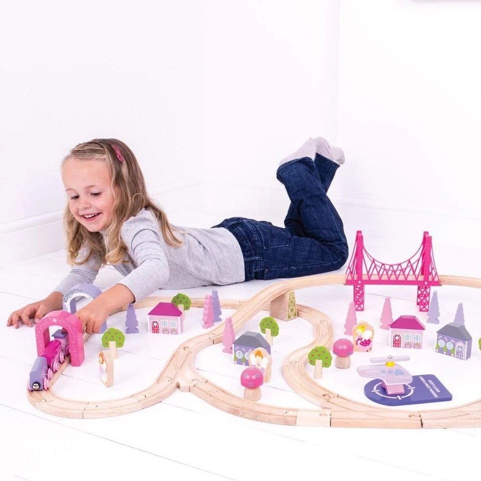 Bigjigs Fairy Town Train Set 75 Piece Wooden Toy Vehicle Set for Kids - Image 2 of 4