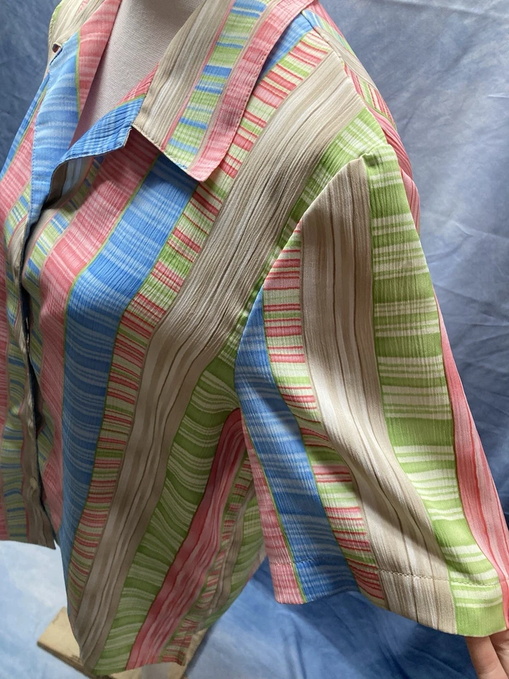 Vintage 1980s Women’s Alia Striped Pastel Colors Button Down Shirt Size 12 - Image 3 of 4