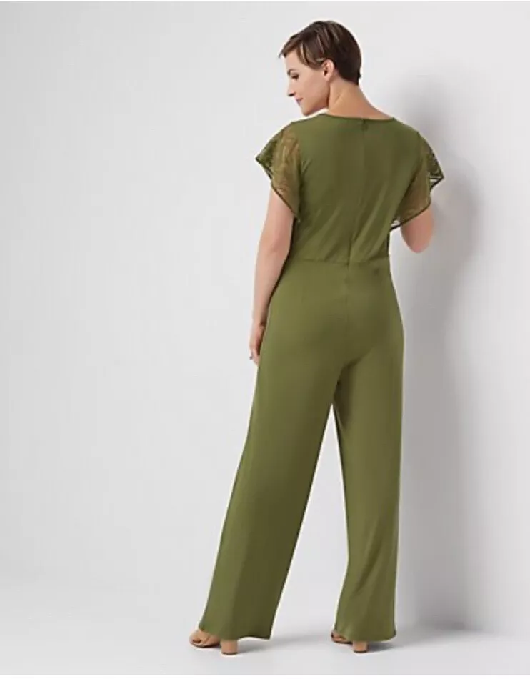 H by Halston Regular Jet Set Jersey Wide Leg Jumpsuit w Lace