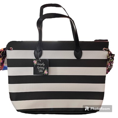 Simply Spring Tote Black White Stripes Flower Print Bows NWT Large Stylish Chic