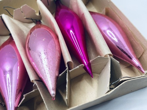 VTG Pink Mercury Glass Teardrop Torpedo Christmas Tree Ornaments Original Box - Picture 10 of 16