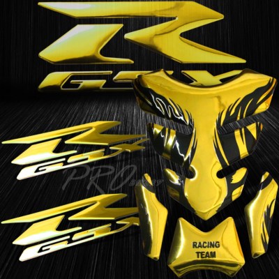Chrome Gold Tribal Fire Fuel Tank Pad+3D GSX GSXR Logo Fairing Emblem Stickers