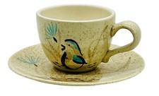 Red Wing Pottery Cup Saucer Set Quail Bird Hand Painted MCM Made in USA