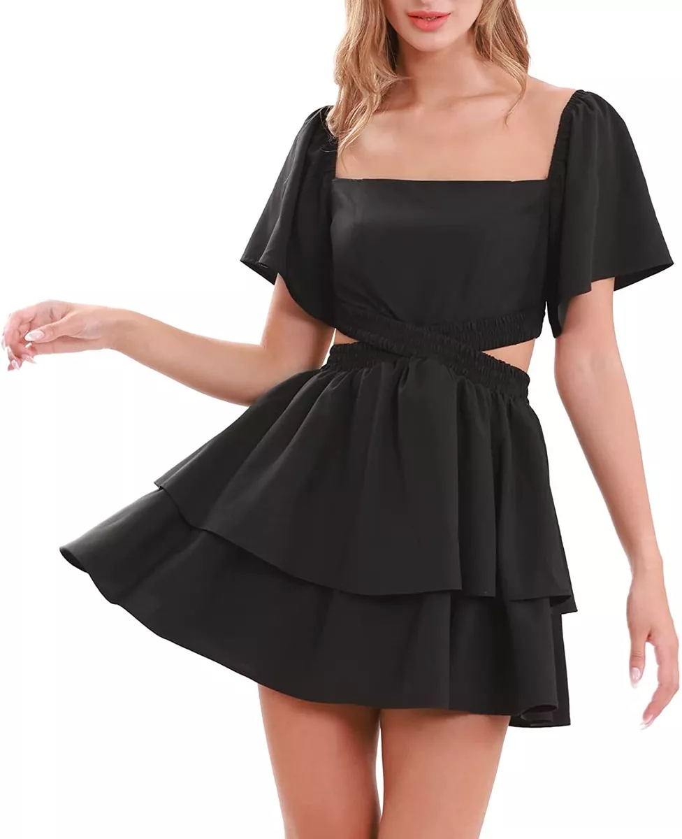 Women Sexy Summer Off Shoulder Cute Mini Dress Square Neck Ruffle Sleev Size M