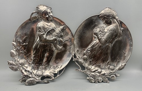 Rare WMF 1900 Set of ART NOUVEAU PEWTER CARD TRAY Rooster Boy Cherry Girl - 333 - Picture 22 of 22