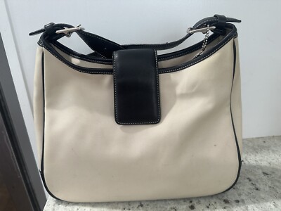 Vintage AOK-7701 Coach Cream And Black Leather And Canvas Shoulder