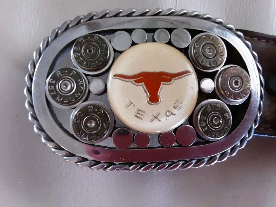 TEXAS Custom Belt Buckle Longhorn 357 Caps Stainless Silver Creek Belt Sz 42 - Image 2 of 4