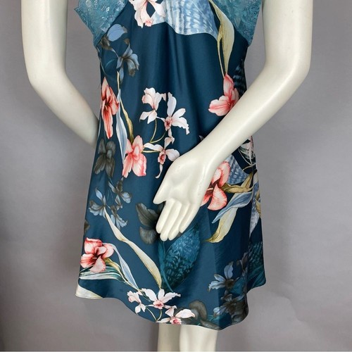 Linea Donatella Chemise Nightgown Intimates Teal Satin V-Neck Lace Floral Large - Picture 6 of 10
