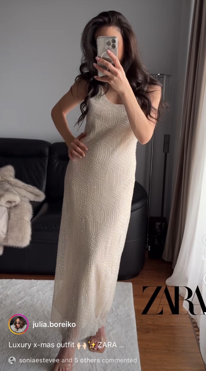 ZARA SIZE L ZW COLLECTION ECRU SEQUIN MIDI DRESS WITH ROUND