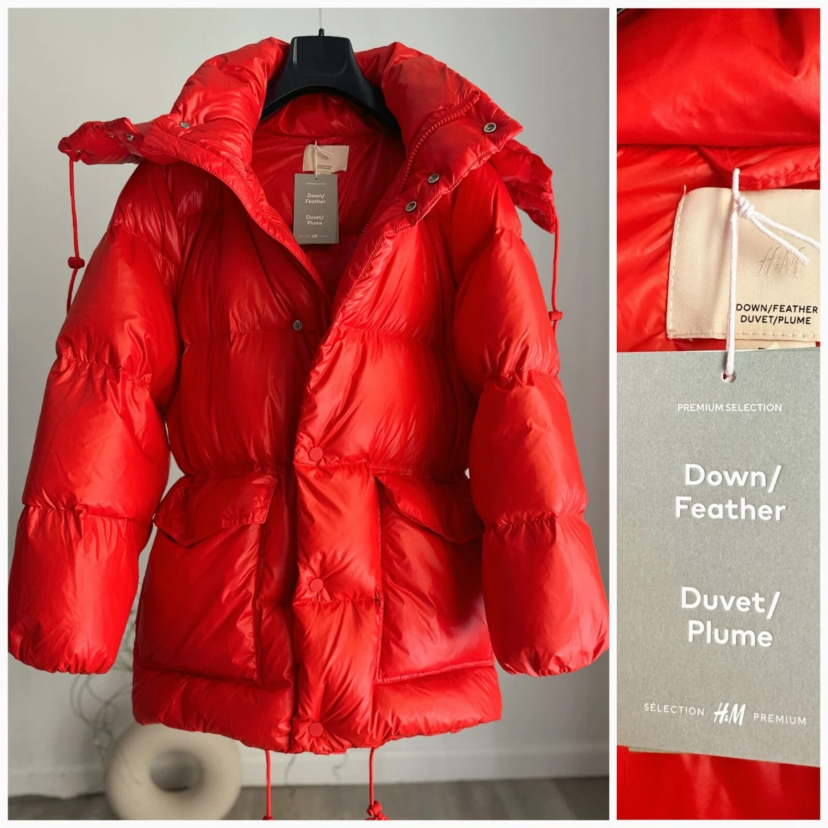 H M Premium Down Filled Puffer Jacket Bright Red OVERSIZED Runs