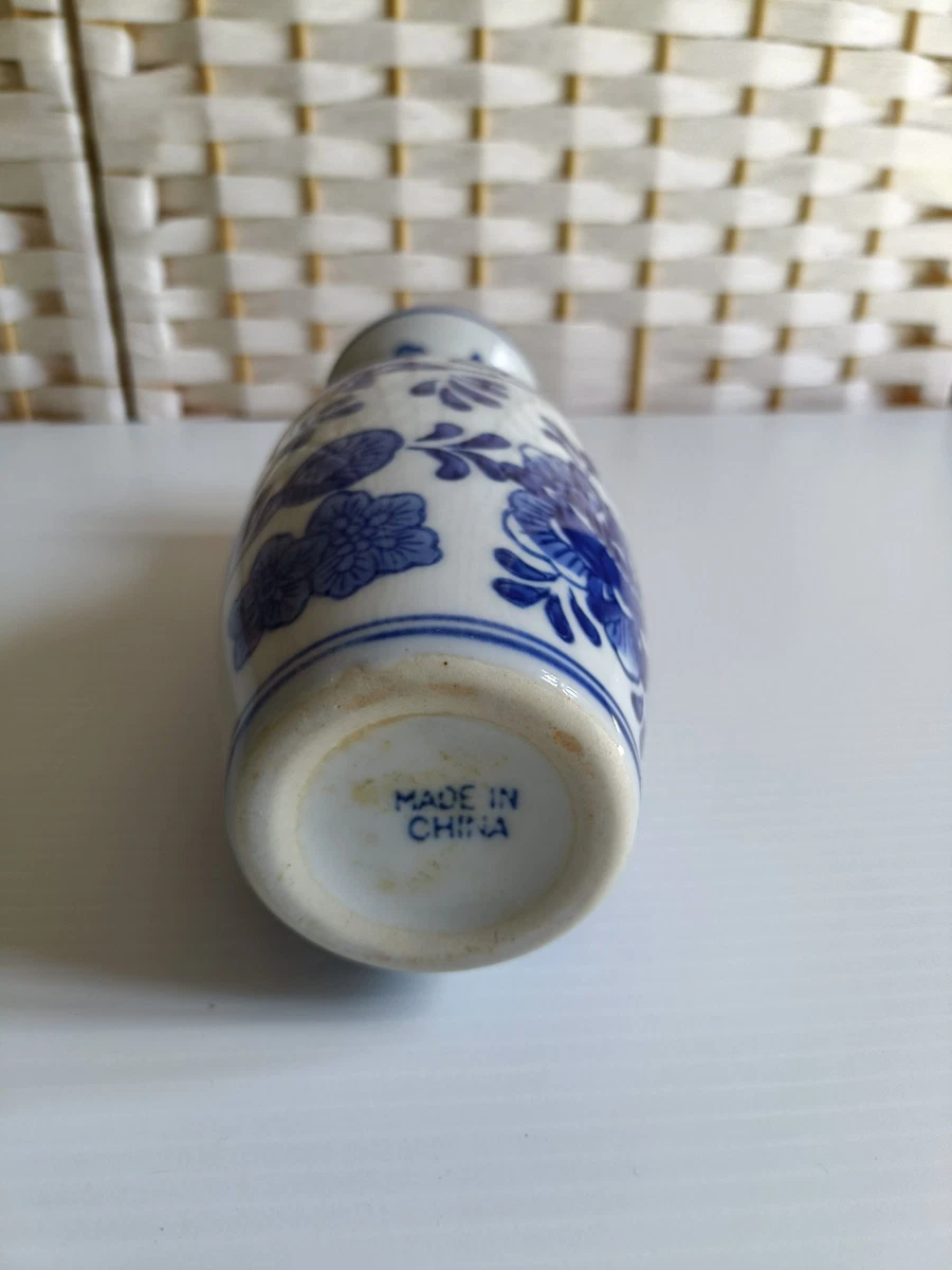 Vintage Chinese Porcelain Vase White With Blue Floral Print 8 Inch