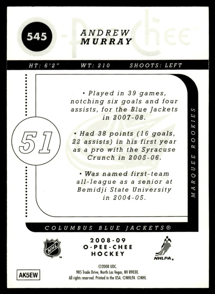2008-09 O-Pee-Chee Gold Andrew Murray Rookie Columbus Blue Jackets #545 - Image 2 of 2