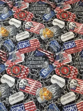 Sykel Marine Dog Tag Fabric Remnant 25x44 Patriotic Military Cotton USA