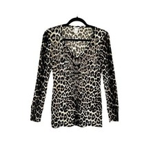 Cache Leopard Print Embellished V-Neck Long Sleeve Top Glam Women's Size Small