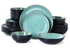 Plates and Bowls Sets for 6 -  24-Piece Stoneware Service for 6(24pcs) Green