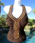 Cache sexy low-cut embellished studded halt top S/M V- neck stretch brown gold