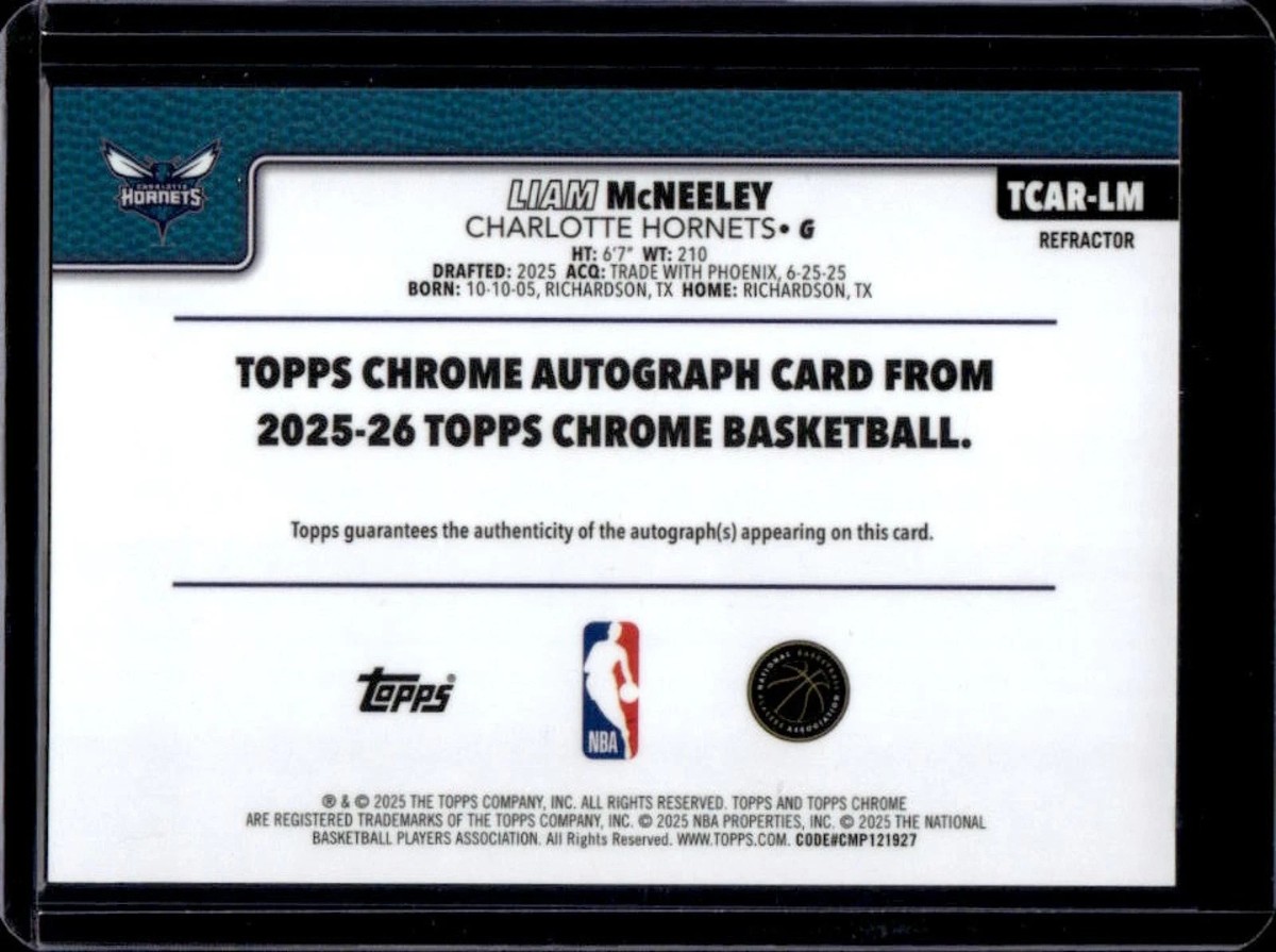 2025-26 Topps Chrome Liam McNeeley Rookie Auto RC Refractor #TCAR