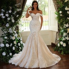 Boho Mermaid Wedding Dress Beading Lace 3D Flowers Sexy Off-Shoulder Bridal Gown