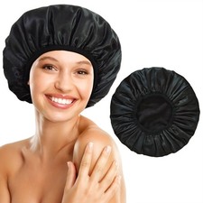 Shower Cap Reusable Waterproof, Terry Lined Caps for Large, Black
