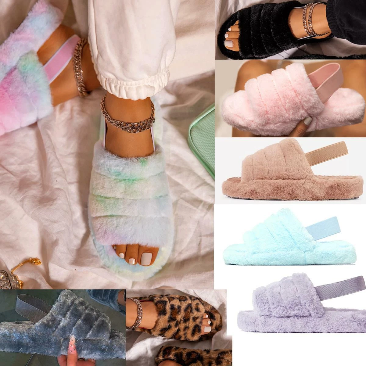 Strappy faux fur slippers sale