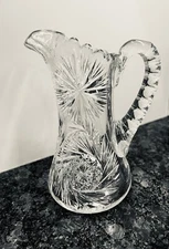 Vtg ABP Heavy Brilliant Cut Glass W/ Pinwheel Fluted Spout. 6" Sawtooth Cut